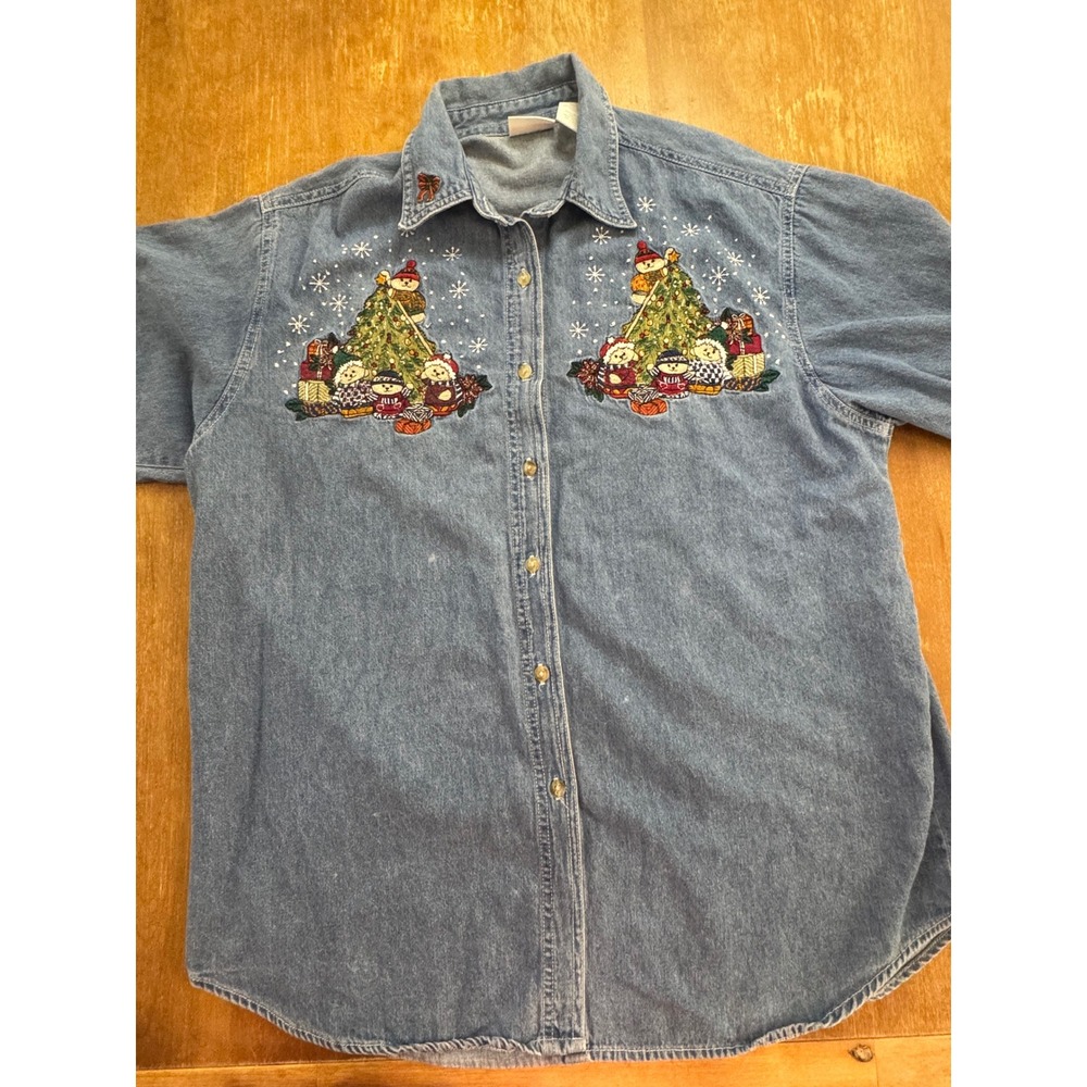 Bobbie Brooks Vintage Christmas Denim Shirt Embroidered Teddy Bear Tree Large